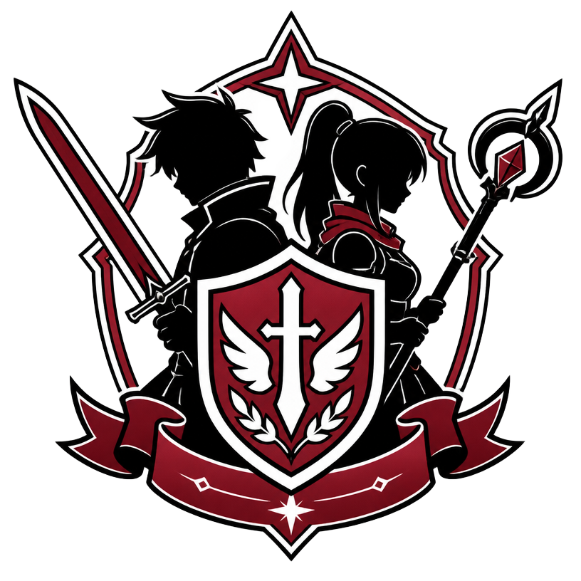 Emblema de guilda com dois aventureiros em estilo anime