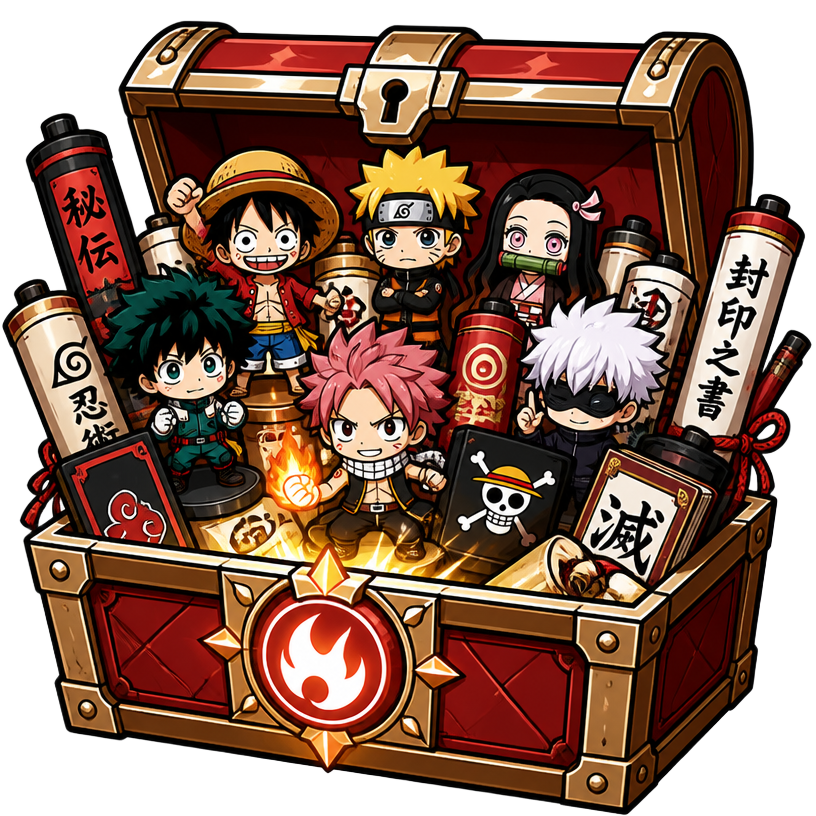 Baú do tesouro cheio de figures e pergaminhos em estilo anime