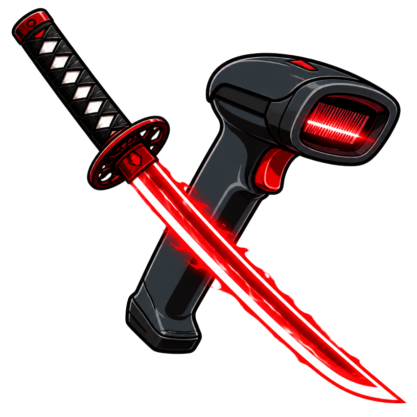 Katana cruzando um leitor de código de barras em estilo anime